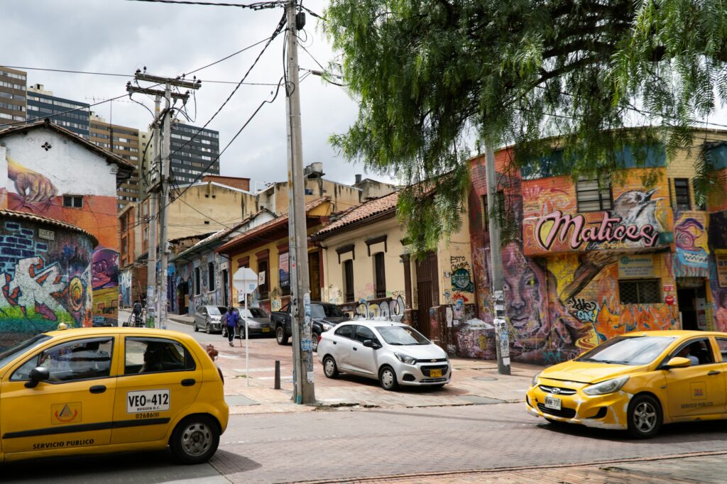 Colorful street with taxis in Colombia