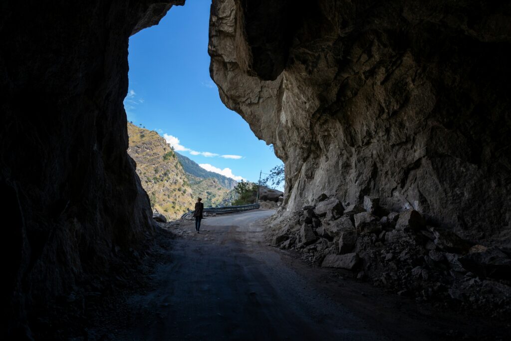Mountain road in the Indian Himalayas under clear sky