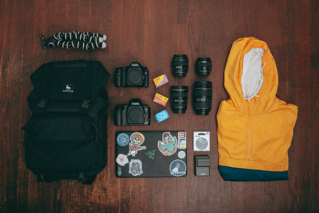 Travel packing flatlay with travel essentials.