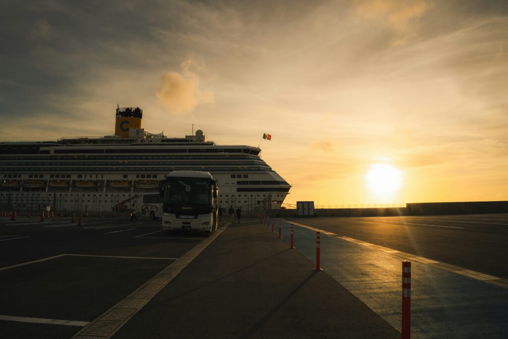 Cruise and ferry port at sunset in Japan