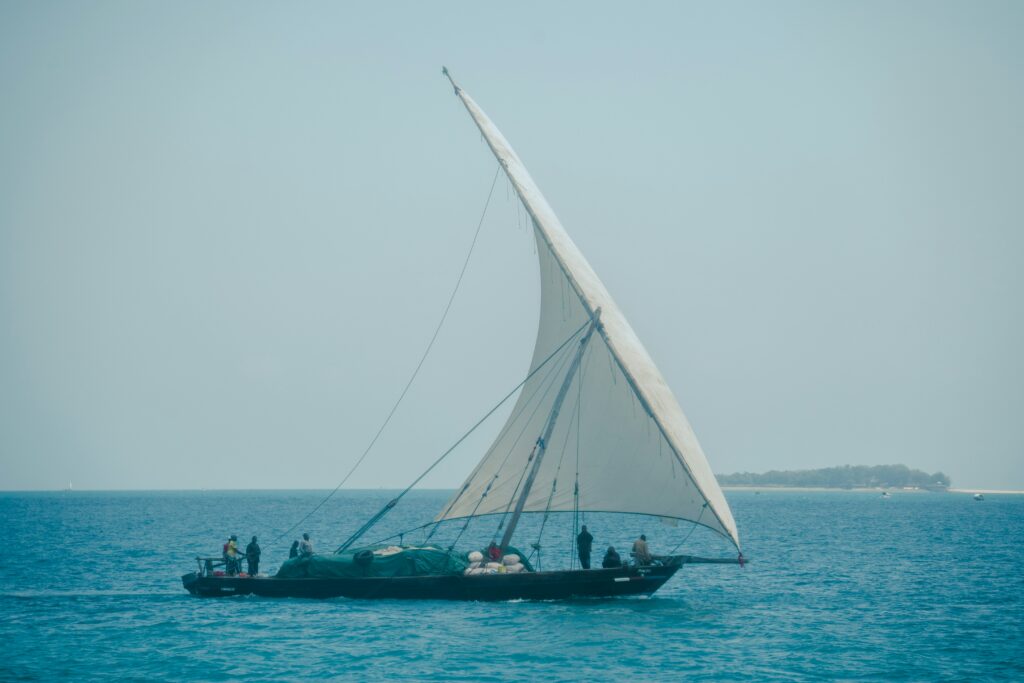 Traditional dhow boat on the ocean near Zanzibar, Tanzania