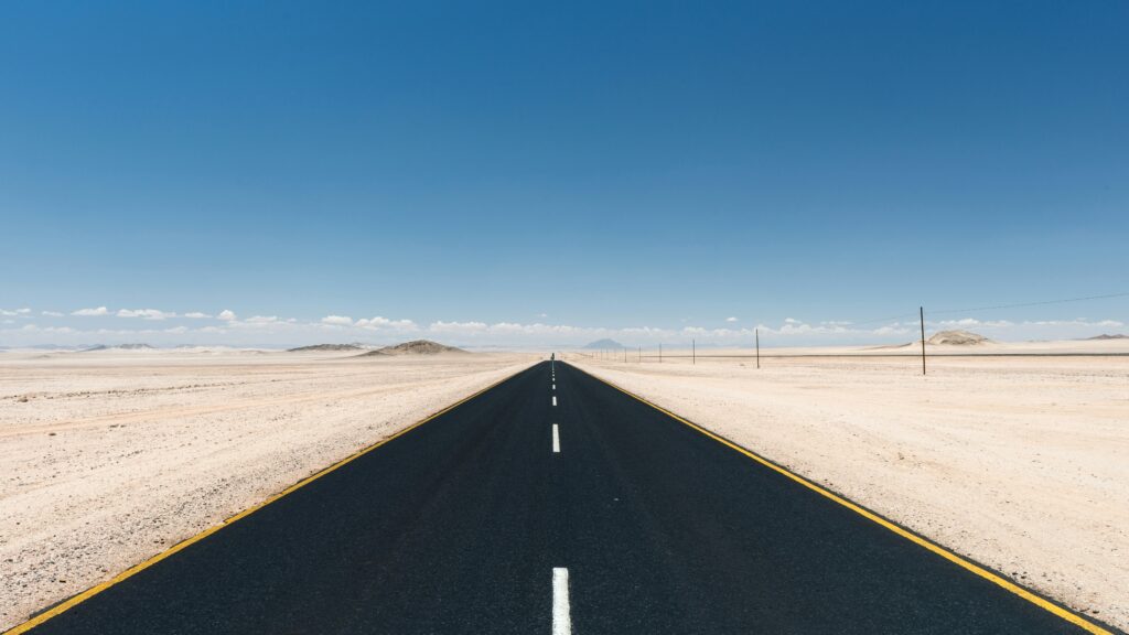 Namibia desert road landscape for traveler’s diarrhea in Namibia