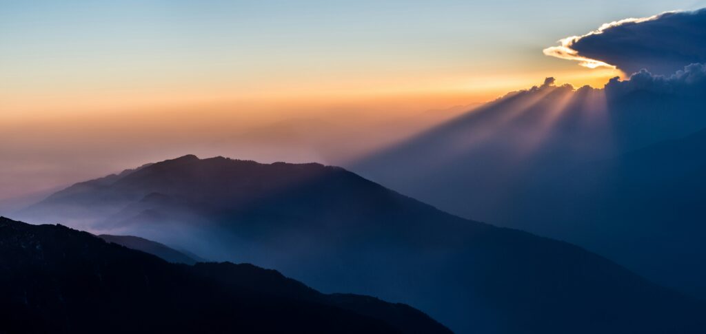 Sunset over the Himalayan mountain range in Nepal