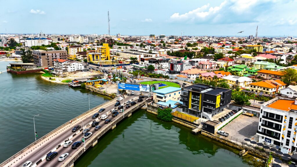 Aerial view of bridge and skyline in Lagos, Nigeria