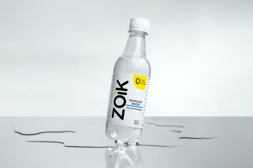 Bottle of water on a table.