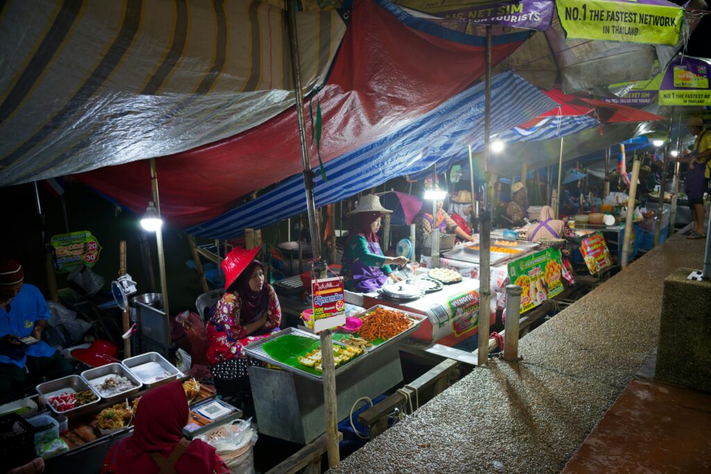 Covered street market scene for Southeast Asia rainy season food and water planning