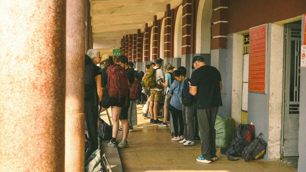 Students with luggage preparing for international travel