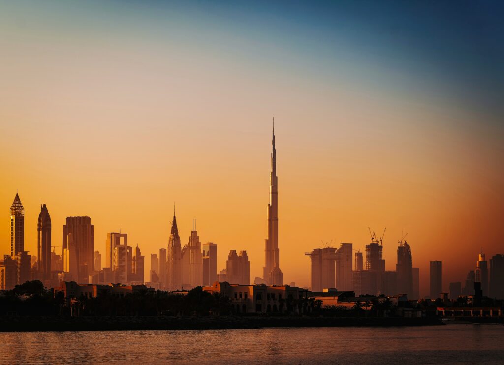 UAE travel health plan featured image showing Dubai skyline at sunset